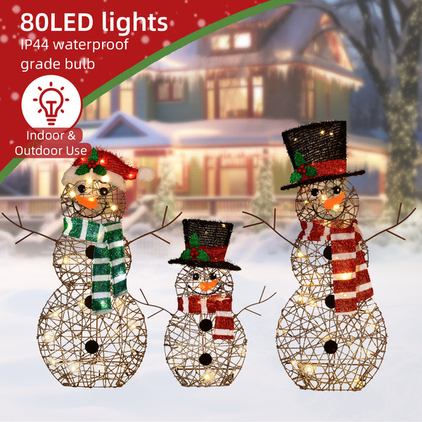 3-Piece 2D Lighted Christmas Snowman Family Outdoor Decoration Set – Pre-Lit with 80 Warm White LED Lights, Waterproof Holiday Yard Display for Lawn, Garden, and Porch