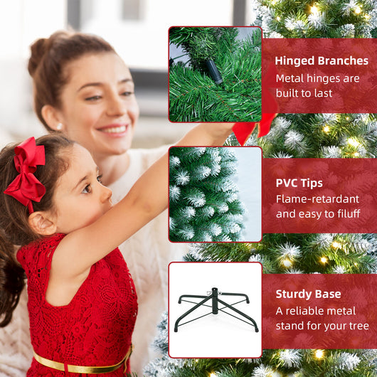 Key Features of Hoyechi 7.5ft Artificial Slim Pencil Christmas Tree showing durable metal hinged branches, flame-retardant snow-dusted PVC tips, and a sturdy metal base alongside a family decorating scene