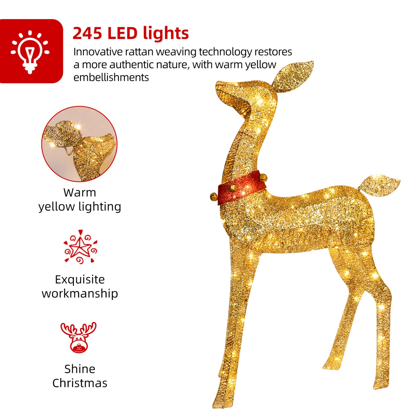 HOYECHI Christmas Decorations Outdoor Reindeer Family - 4-Piece 3D Lighted Deer Set with 245 LED Lights, Yard Christmas Decor with Stakes for Front Yard, Lawn, Garden, Porch, Holiday - Gold