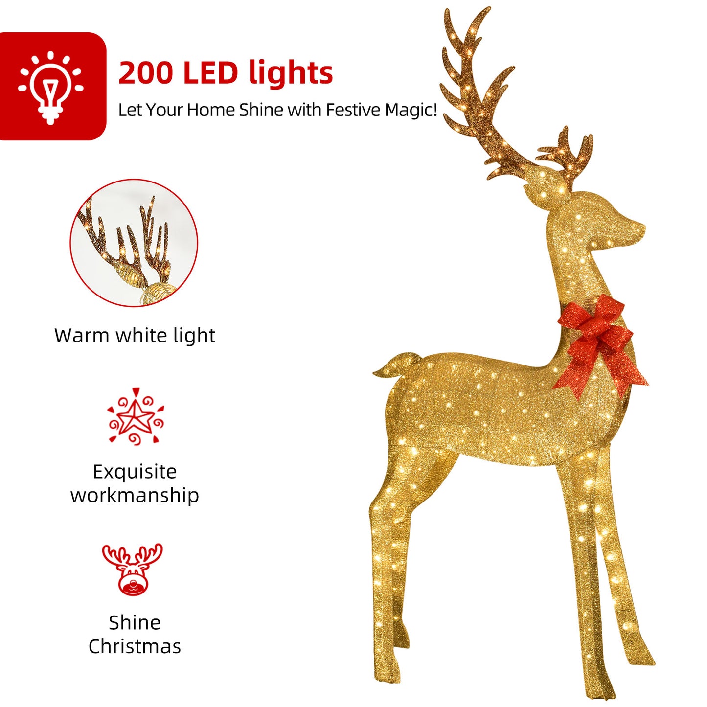 8.8 Ft Lighted Outdoor Christmas Deer - HOYECHI Christmas Decor Outside Lighted Huge Buck with 200 LED Lights, for Front Yard Porch Gardens Lawns Party Parks Malls - Gold
