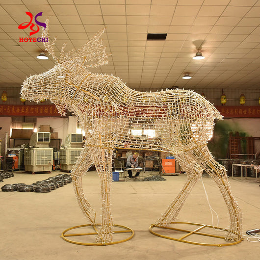 HOYECHI Christmas elk sculpture steel frame with LED string lights in factory workshop before lighting outdoor decor production
