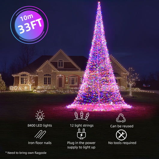 Light up your holidays banner showing HOYECHI waterproof flagpole LED Christmas tree with long-lasting light strings