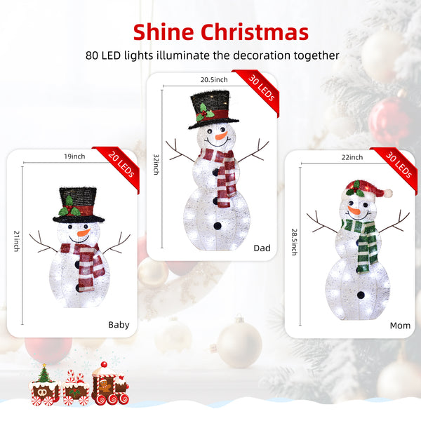 3-Piece Christmas Snowman Outdoor Decoration Set with 80 LED Lights – Lighted Waterproof Holiday Display for Yard, Lawn, Garden & Porch
