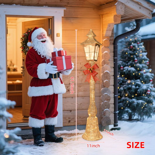Santa Claus holding gifts next to HOYECHI 61.5 inch Christmas street lamp showing 11 inch base size for scale