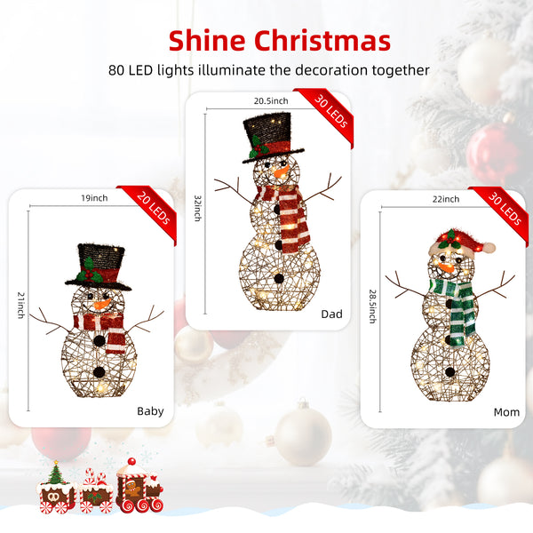 HOYECHI 3-Piece Pre-Lit Christmas Snowman Family Outdoor Decoration Set – 80 Warm White LED Lights