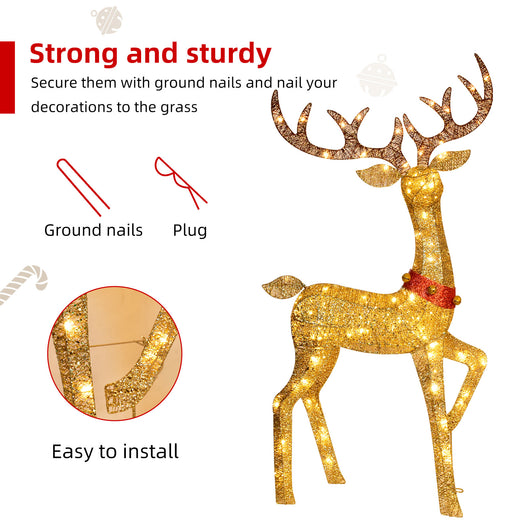 Close-up of HOYECHI gold tinsel reindeer with red bow collar and warm white LED lights