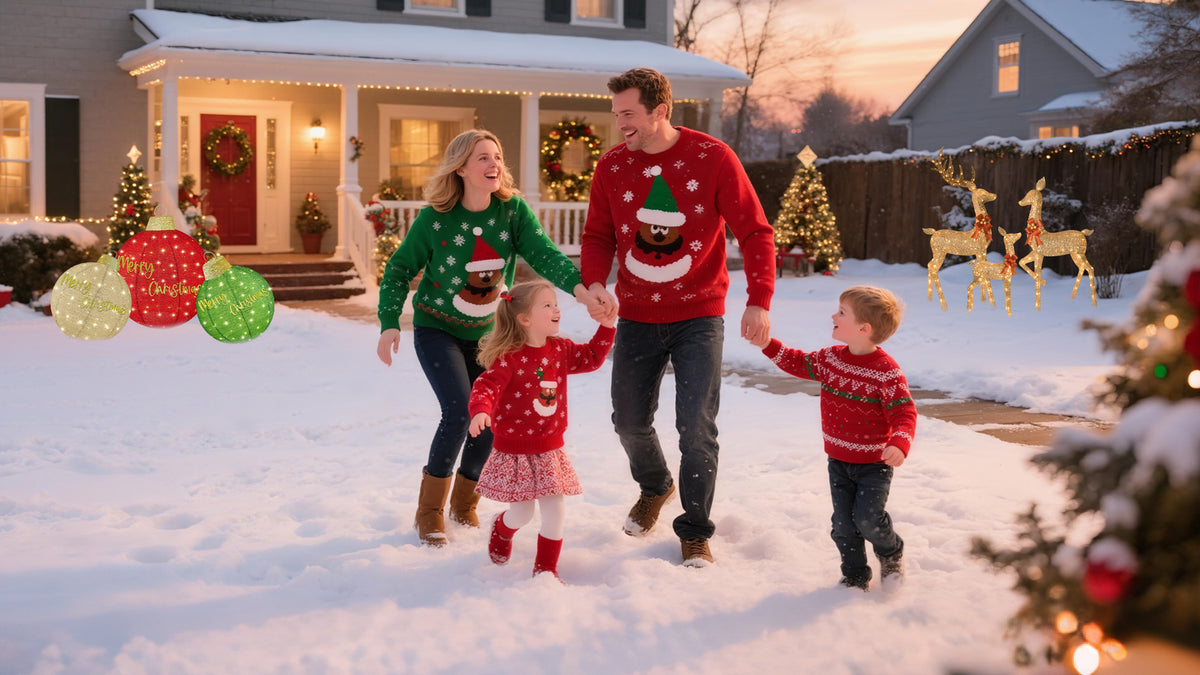 HOYECHI brand image: a happy family of four holding hands in a snowy front yard, surrounded by warm Christmas lights, glowing reindeer, and illuminated ornaments—capturing joyful holiday moments and HOYECHI’s “Make holidays happier” spirit.