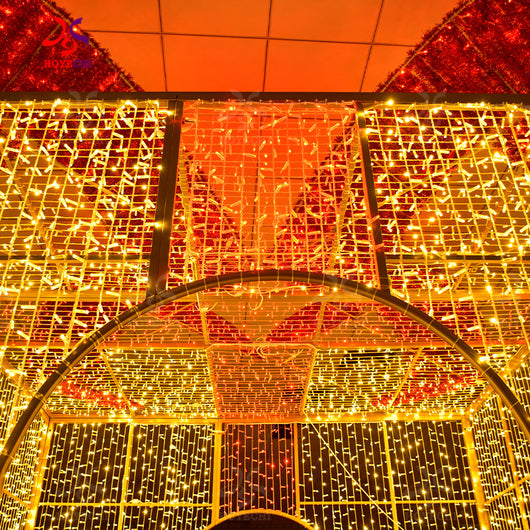 Close up of HOYECHI gift arch motif lights showing steel structure and dense LED light curtain for outdoor displays