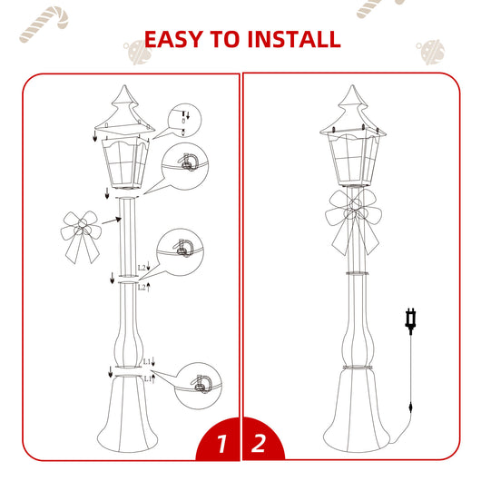 Santa Claus holding gifts next to HOYECHI 61.5 inch Christmas street lamp showing 11 inch base size for scale