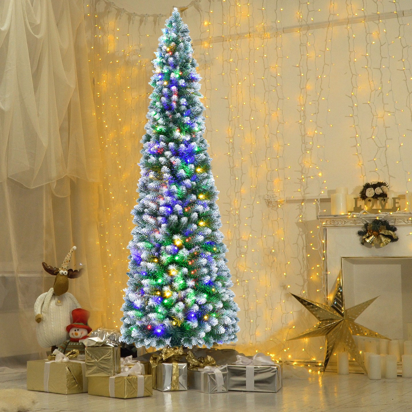 Slim Pencil Christmas Tree 7.5FT - HOYECHI Artificial Christmas Tree with 320 Multicolored Lights, Skinny Christmas Tree with 9 Light Modes - Narrow Christmas Tree for Home and Party