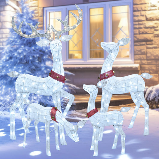 HOYECHI 4-piece white lighted reindeer family with 245 LED lights outdoor Christmas yard decorations for front lawn and garden