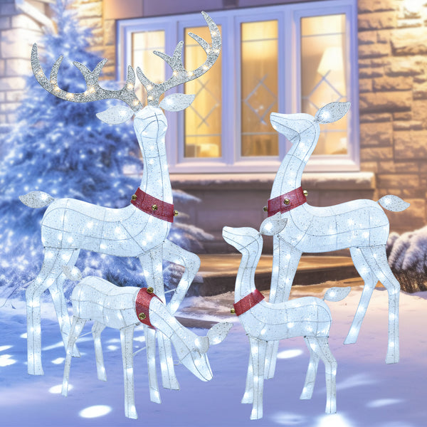 HOYECHI 4-piece white lighted reindeer family with 245 LED lights outdoor Christmas yard decorations for front lawn and garden