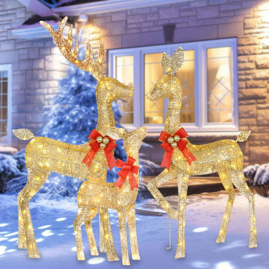 HOYECHI Christmas Reindeer Family Lighted Set – 3‑Piece Outdoor/Indoor Holiday Décor, Pre‑Lit with Warm White LEDs, Ground Stakes & Extension Cord