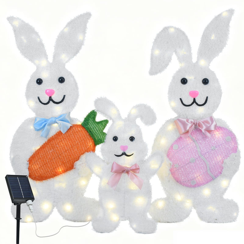 HOYECHI solar-lighted Easter bunny family with two adult rabbits and one baby rabbit