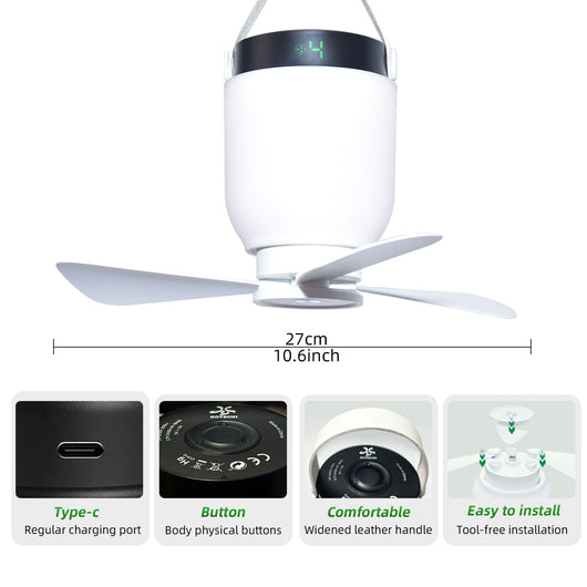 HOYECHI compact camping fan with hook for hanging in tents or outdoor shelters