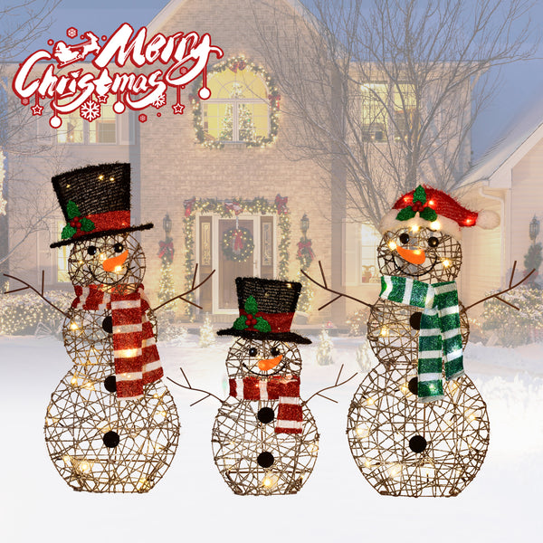 Christmas Snowman Three-Piece Set ， Pre-Strung LED Outdoor Family Decoration, Waterproof Weather-Resistant Snowman Holiday Display