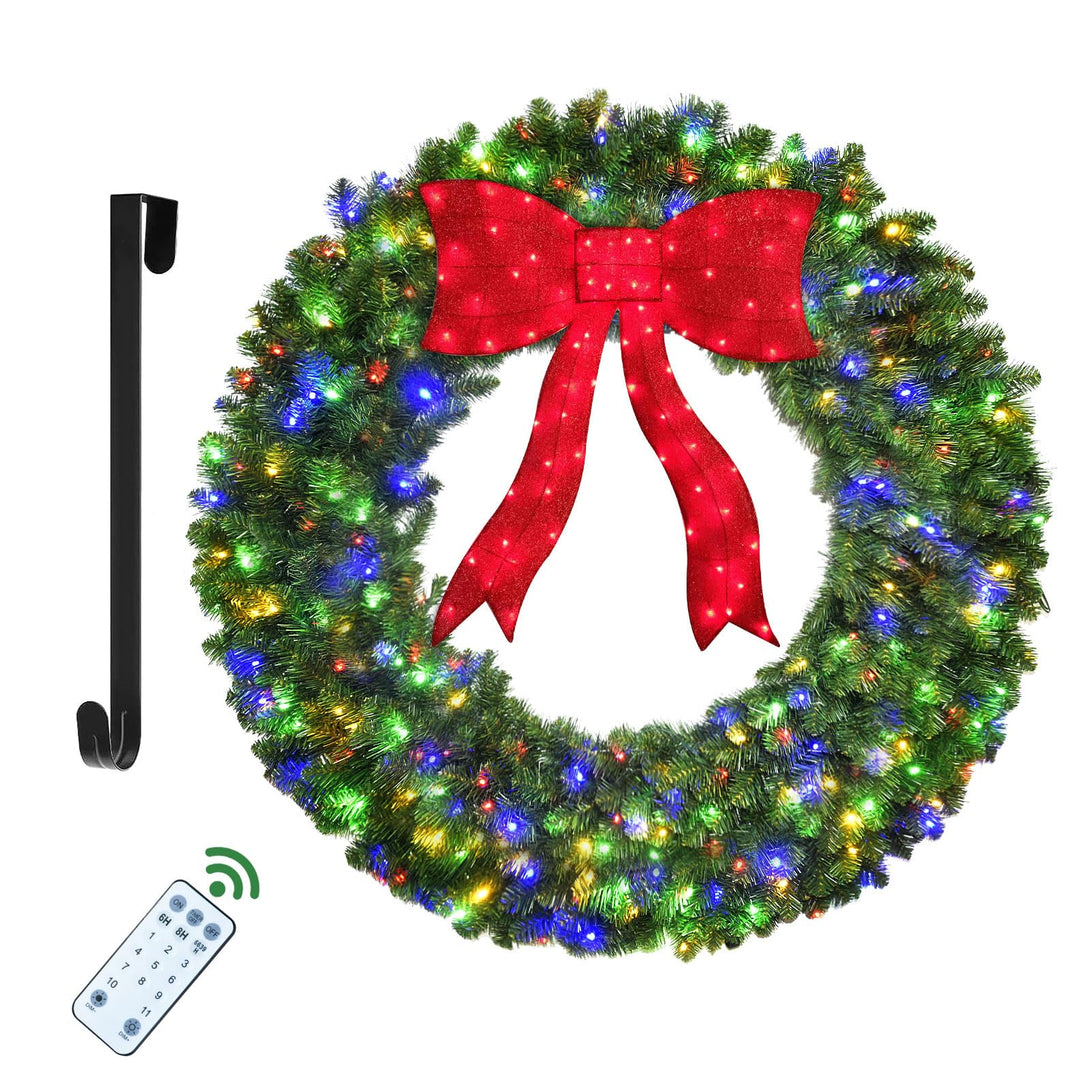 HOYECHI HYC715-48 green wreath with a red lighted bow and multicolor lights, beside a black hanger and remote.