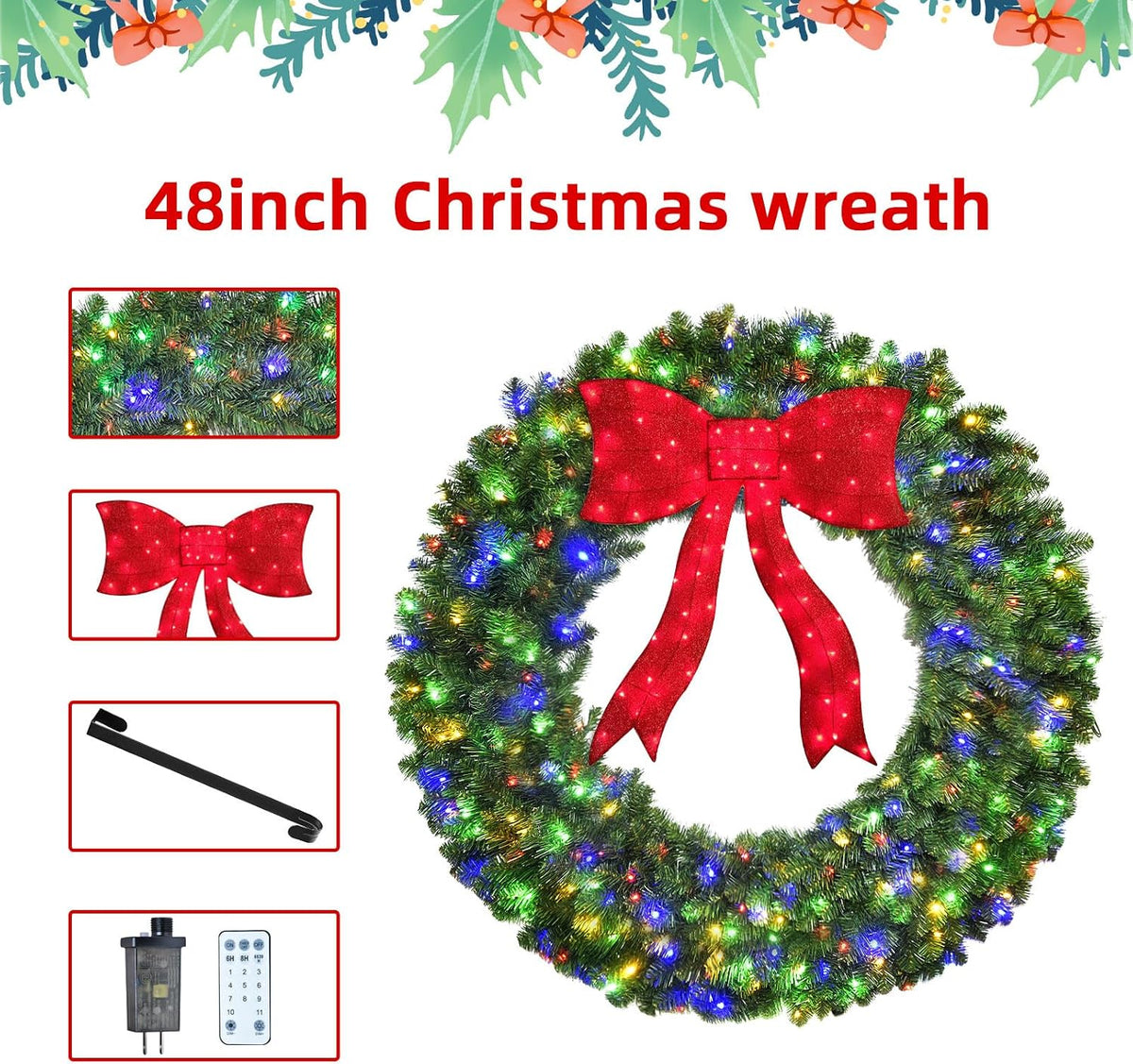 48-inch Christmas wreath with lighted red bow, hanging hook, power controller and remote