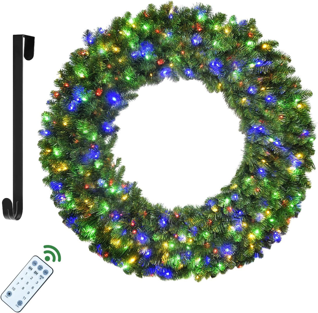 Image officielle de catalogue d’une couronne verte avec points lumineux colorés et centre ouvert, à côté d’un crochet noir et d’une télécommande.