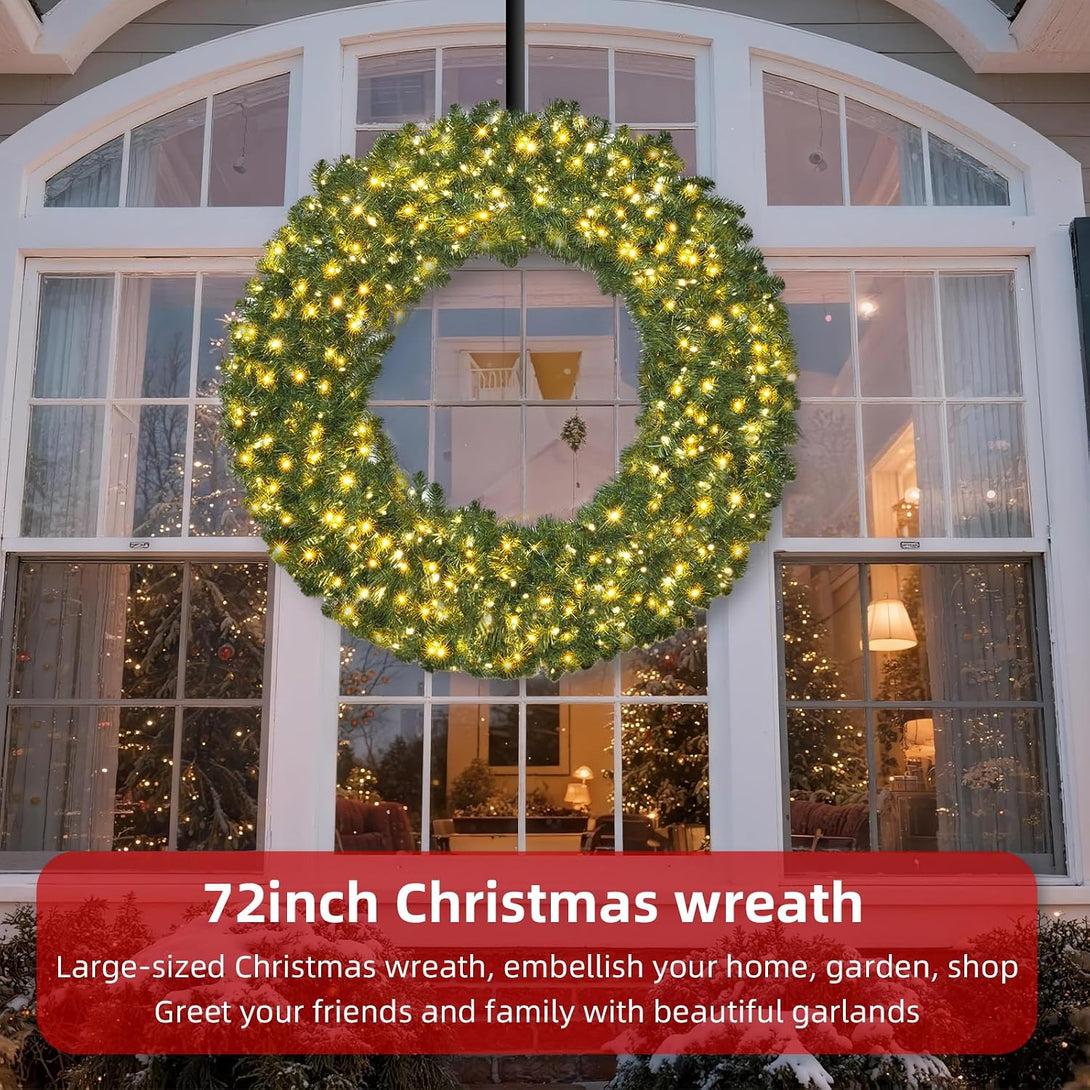 Image promotionnelle officielle d’une grande couronne verte lumineuse devant une façade vitrée, avec indication de 72 pouces et texte publicitaire en anglais.