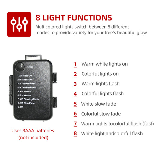 Lighting modes on HOYECHI mini Christmas tree battery box showing steady on, flashing and timer options