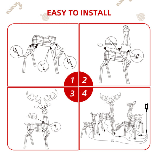 Easy to install diagram for HOYECHI 3D lighted reindeer family showing how to assemble buck doe and fawns with stakes and plug-in power