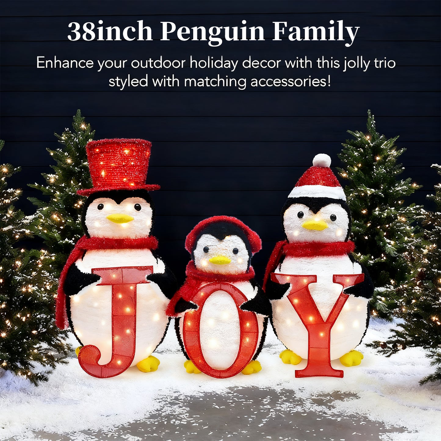 HOYECHI 3-Piece Lighted Christmas Penguin Family Set - Outdoor Yard Decoration Pop-Up Penguin with 150 LED Lights, Joy Sign, Holiday Yard Decor for Lawn, Garden, Front Porch