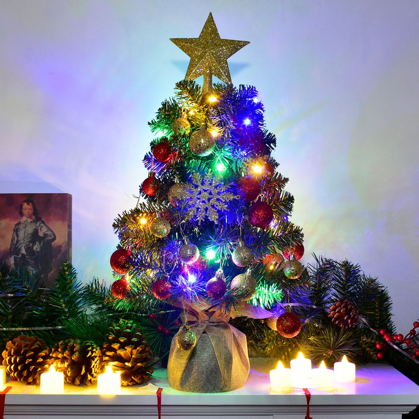 HOYECHI 24" Mini Christmas Tree - Small Tabletop Artificial Xmas Tree with Lights, Star Treetop, Ornaments Balls, DIY Decorations - Green & Gold