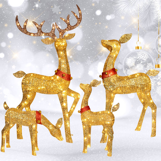 HOYECHI gold glitter 3D LED reindeer family set against snowy background elegant holiday decoration