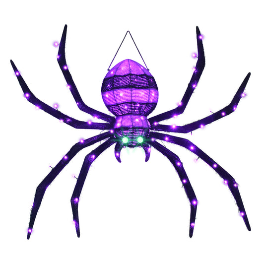 Isolated product image of HOYECHI 4.2ft hanging Halloween spider black body with purple LED lights and green glowing eyes