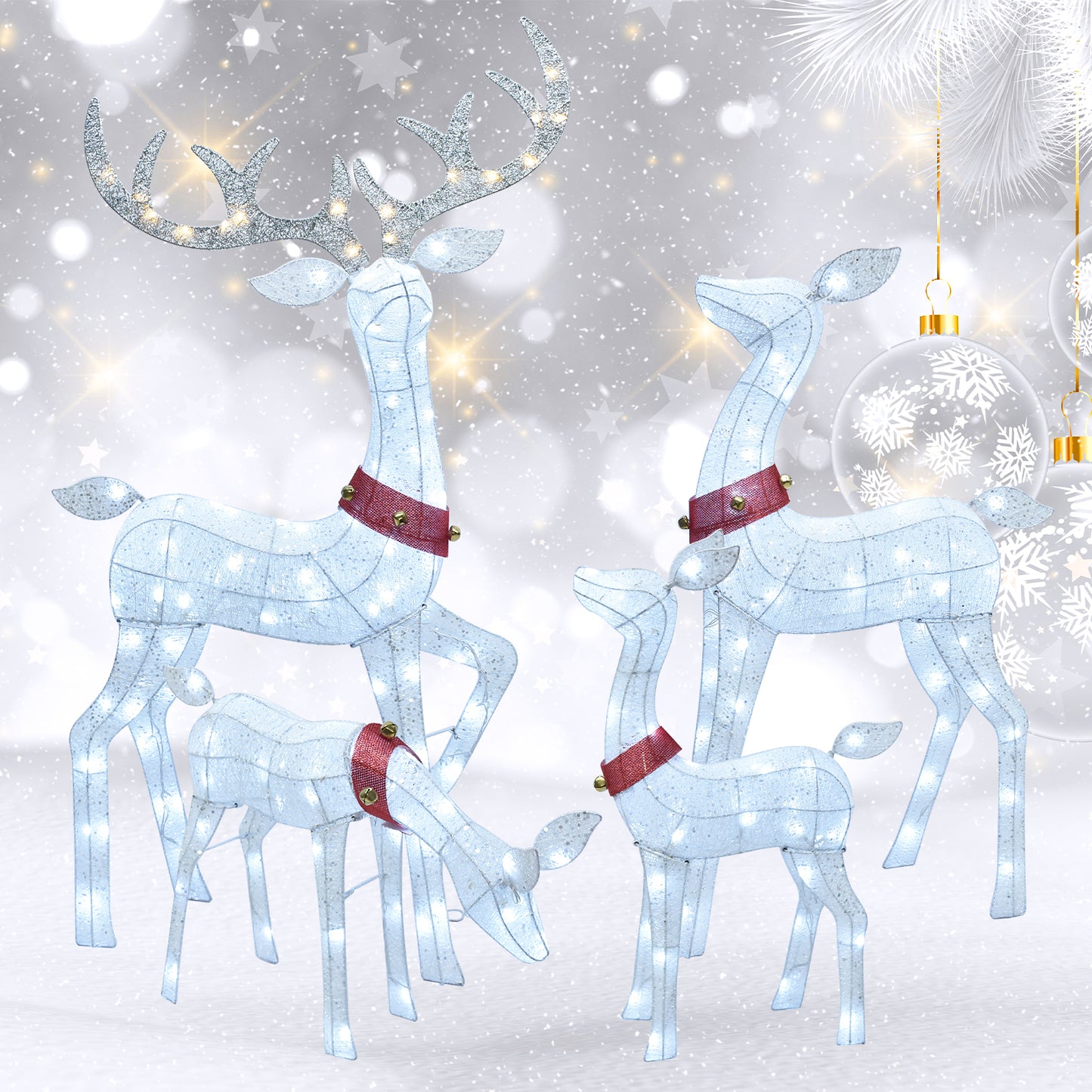 HOYECHI Christmas Decorations Outdoor Reindeer Family - 4-Piece 3D Lighted Deer Set with 245 LED Lights, Yard Christmas Decor with Stakes for Front Yard, Lawn, Garden, Porch, Holiday - White