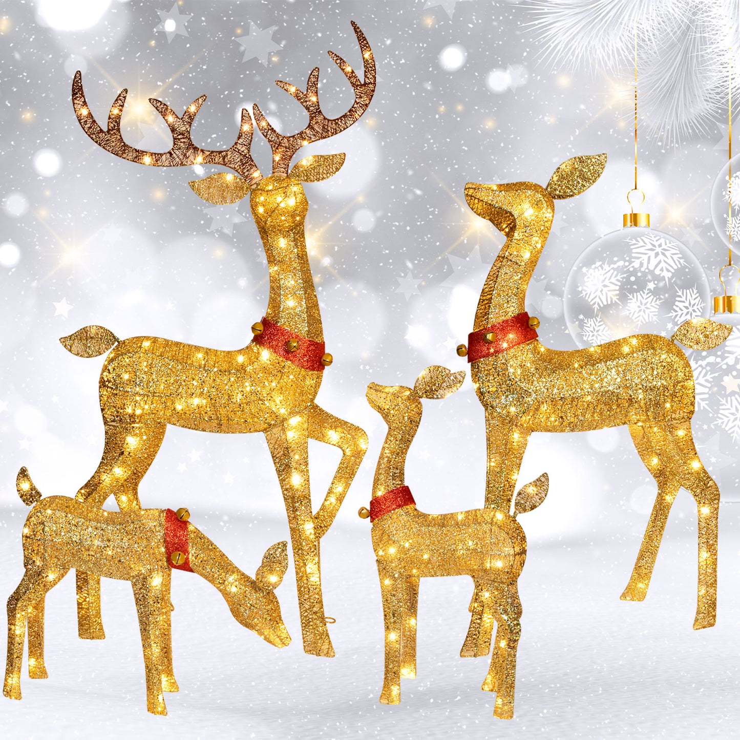 HOYECHI Christmas Decorations Outdoor Reindeer Family - 4-Piece 3D Lighted Deer Set with 245 LED Lights, Yard Christmas Decor with Stakes for Front Yard, Lawn, Garden, Porch, Holiday - Gold