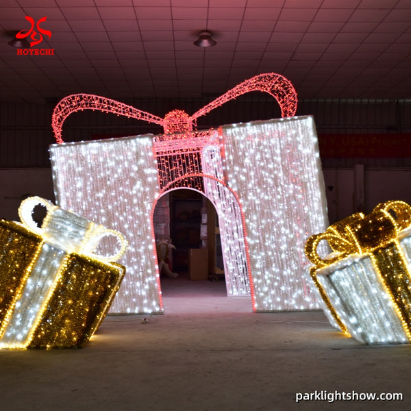 Giant LED gift box arch light sculpture for outdoor Christmas and festival decoration in parks and plazas