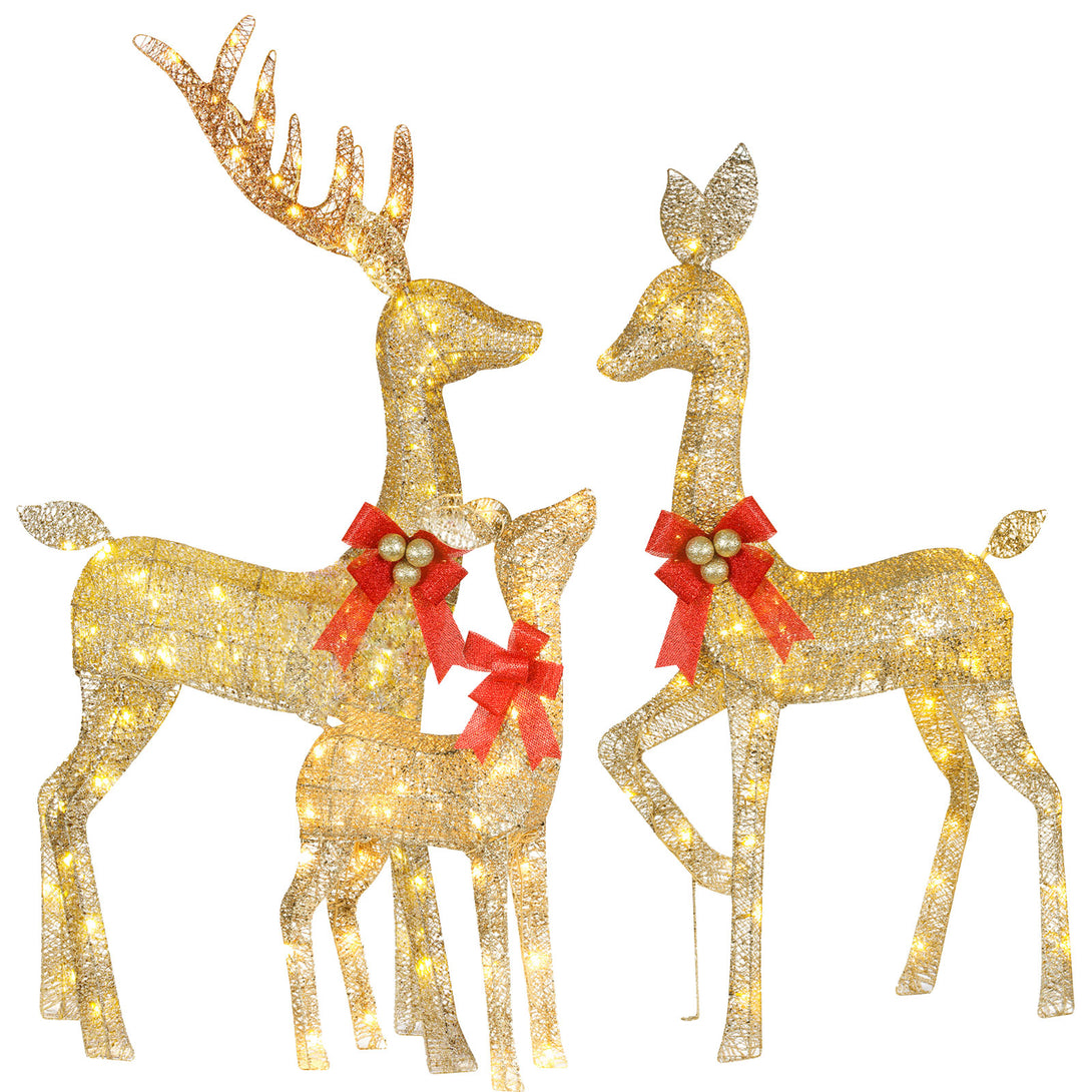 Three gold reindeer with overlapping body outlines on a white background