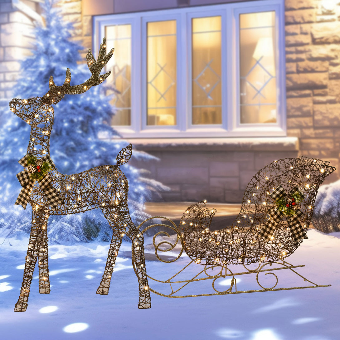 Reindeer and sleigh aligned together in a snowy Christmas yard scene