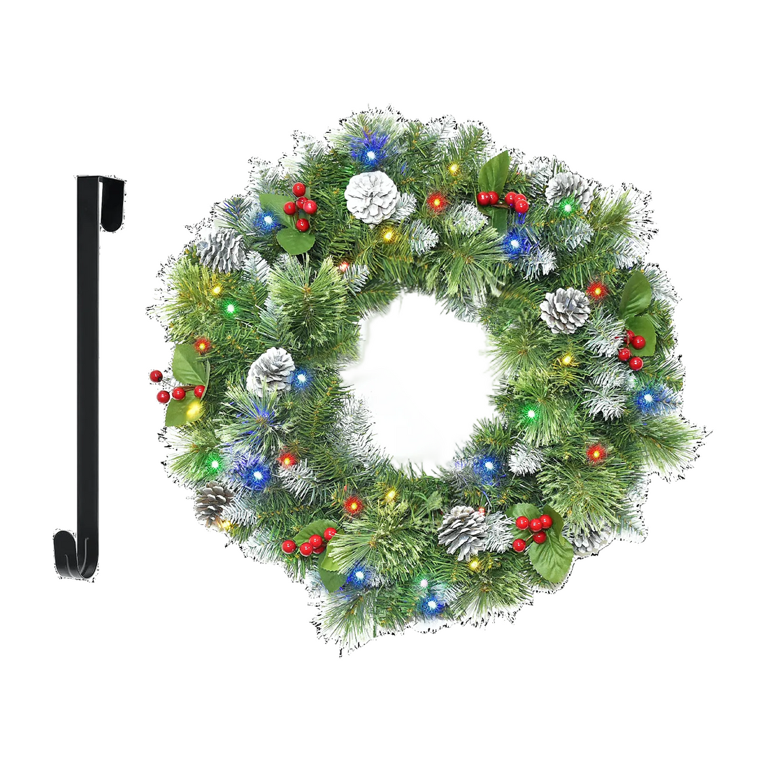 Official catalogue image of a green lighted wreath with an open centre, pale pinecones, red berries and a black hanger.