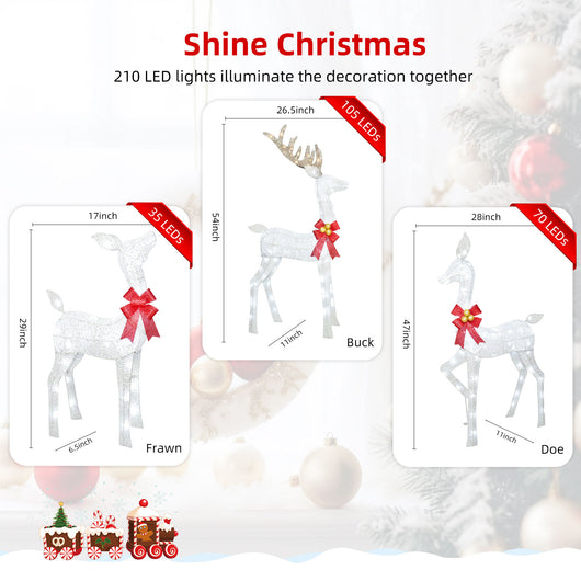 Festive yard decoration with HOYECHI white LED reindeer lights and holiday lights background