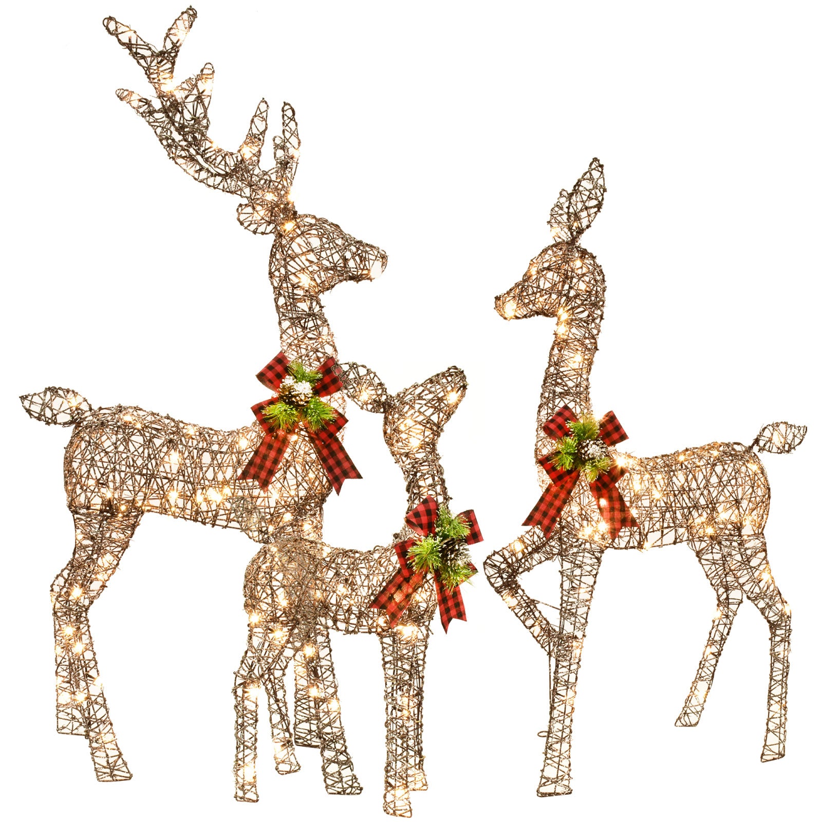 Three brown woven reindeer figures showing different visible heights on white