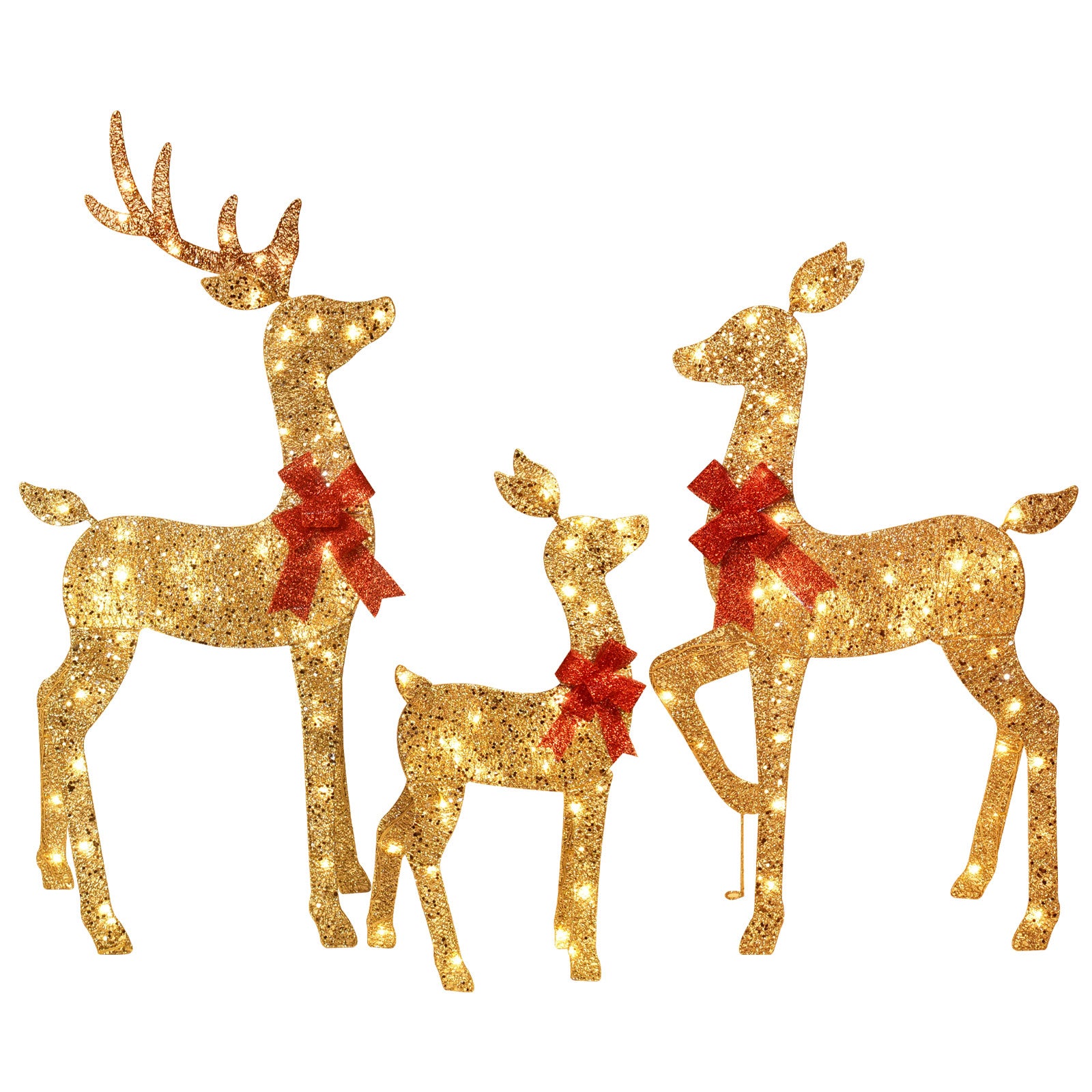 Three illuminated gold reindeer silhouettes spaced on a white background