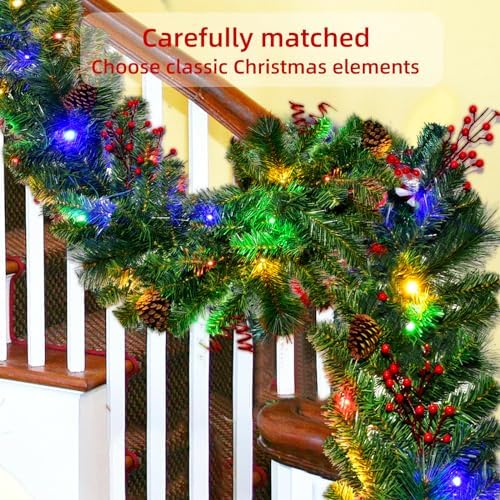 Official promotional close-up of garland with pinecones and red berries on a stair railing, with English text.