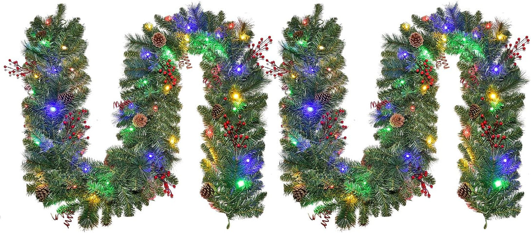 Two green garlands laid in curves in an official catalogue image, with pinecones, red berries and coloured light points.
