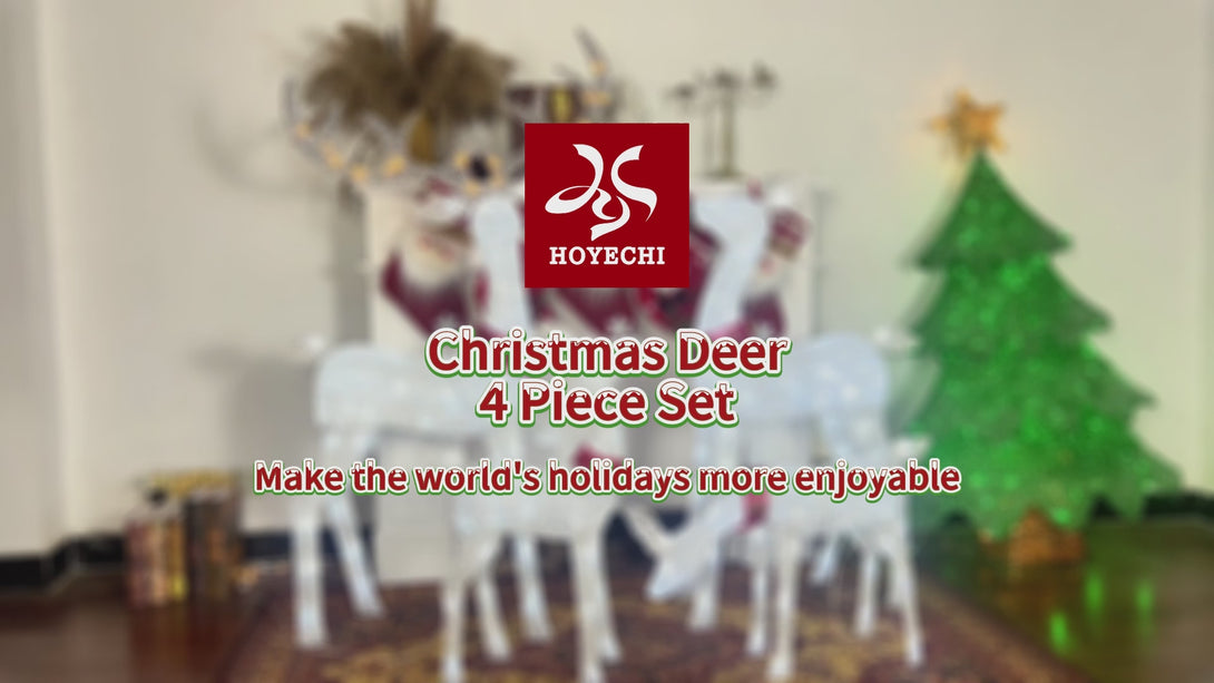 HOYECHI HYC8039-W four-piece white Christmas reindeer family with red collars, silver-toned antlers and 245 LEDs, official product demonstration