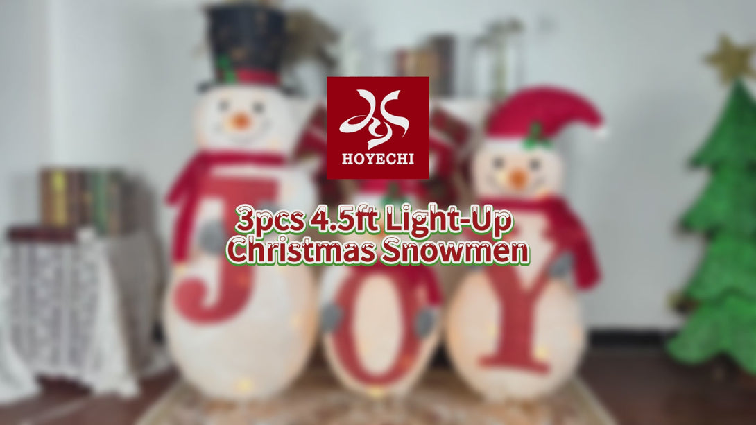 HOYECHI HYC8055 three-piece JOY pop-up snowman family with warm white lights, red scarves and holiday hats, official product demonstration