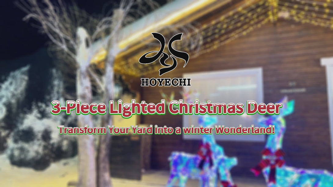 Video of an iridescent pre-lit Christmas reindeer family trio (buck, doe & fawn) glowing outdoors at night, showcasing the faceted acrylic look and bright LED lighting.
