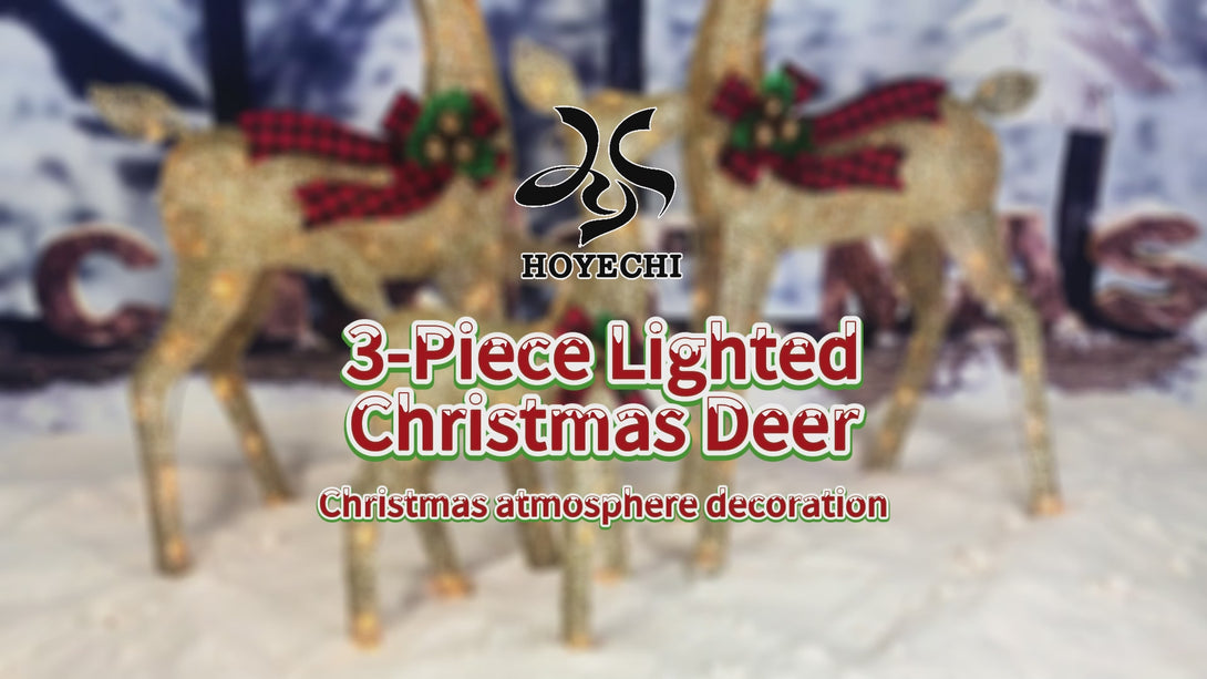 Golden LED Christmas reindeer family creates a warm, luxurious holiday glow, perfect for outdoor yard displays, gardens, and elegant winter decorations with eye-catching sparkle at night
