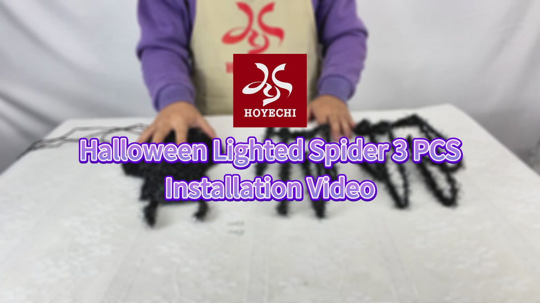 Video thumbnail Halloween lighted spider 3 PCS installation video by HOYECHI showing how to assemble the spiders