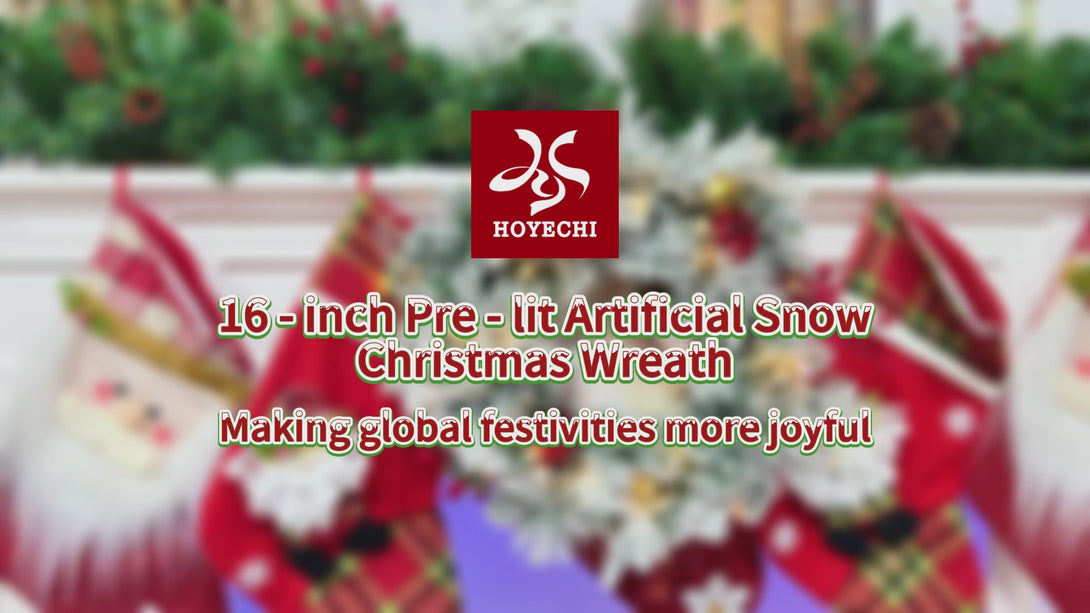 Official HOYECHI HYC704-16 video showing the 16-inch flocked Christmas wreath, red bells, berries and LED lighting