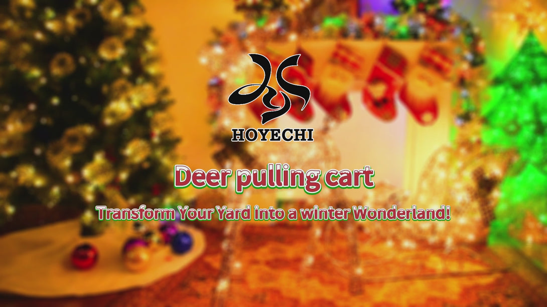 Lighted Christmas reindeer pulling sleigh decoration with warm white LED lights for indoor and outdoor holiday display
