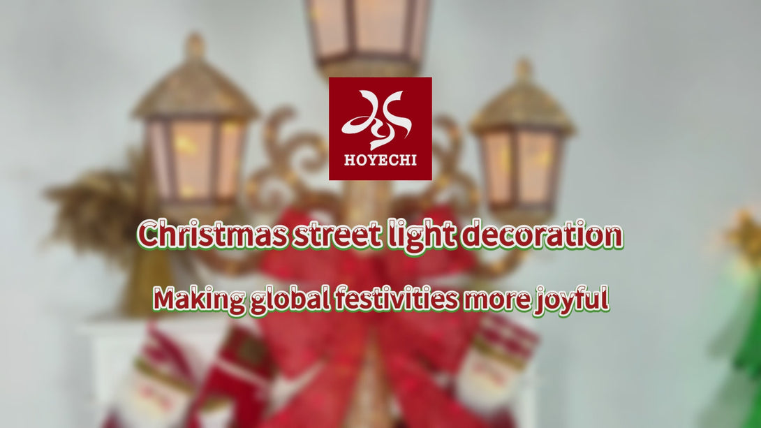 HOYECHI HYC8053 gold Christmas lamp post with three lantern heads, warm white lights and a red bow, official product demonstration