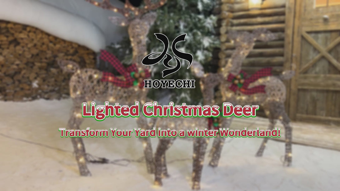 This video showcases a lighted Christmas reindeer family featuring a buck, doe, and fawn illuminated with warm white LED lights. The elegant rattan-style design creates a cozy and festive holiday atmosphere, perfect for outdoor yard, garden, or winter display decorations.
outdoor christmas decorations
